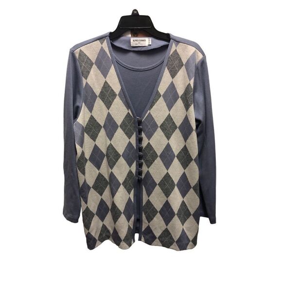 Alfred Dunner Women’s Purple and Gray Argyle 2 Piece Look Cardigan Sweater with - Picture 1 of 7